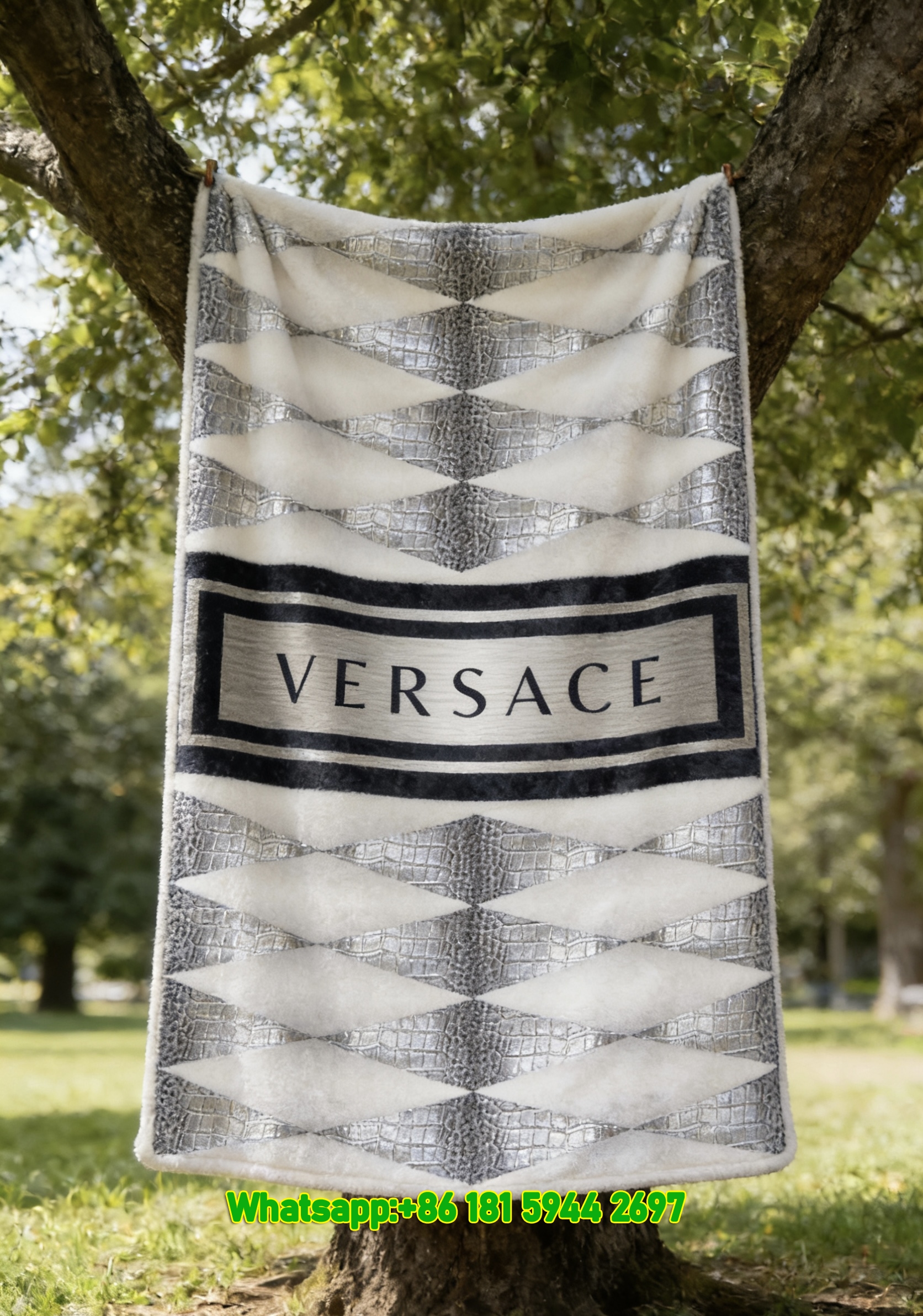 Versace Navy Blue Silver Crocodile Texture Diamond Print Flannel Sofa Throw Blanket IMG_1661